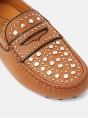 TOD'S Warm Brown Leather Studded Driving Moccasin Loafer